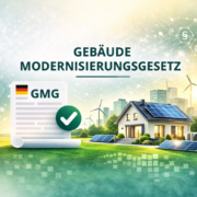 Banner zum Gebäudemodernisierungsgesetz (GMG) mit energieeffizientem Wohnhaus, Solaranlage und Gesetzesdokument als Symbol für neue Regelungen im Heizungsrecht.