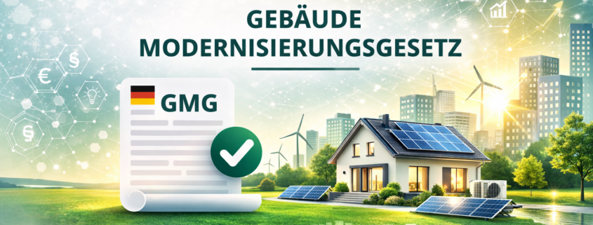 Banner zum Gebäudemodernisierungsgesetz (GMG) mit energieeffizientem Wohnhaus, Solaranlage und Gesetzesdokument als Symbol für neue Regelungen im Heizungsrecht.